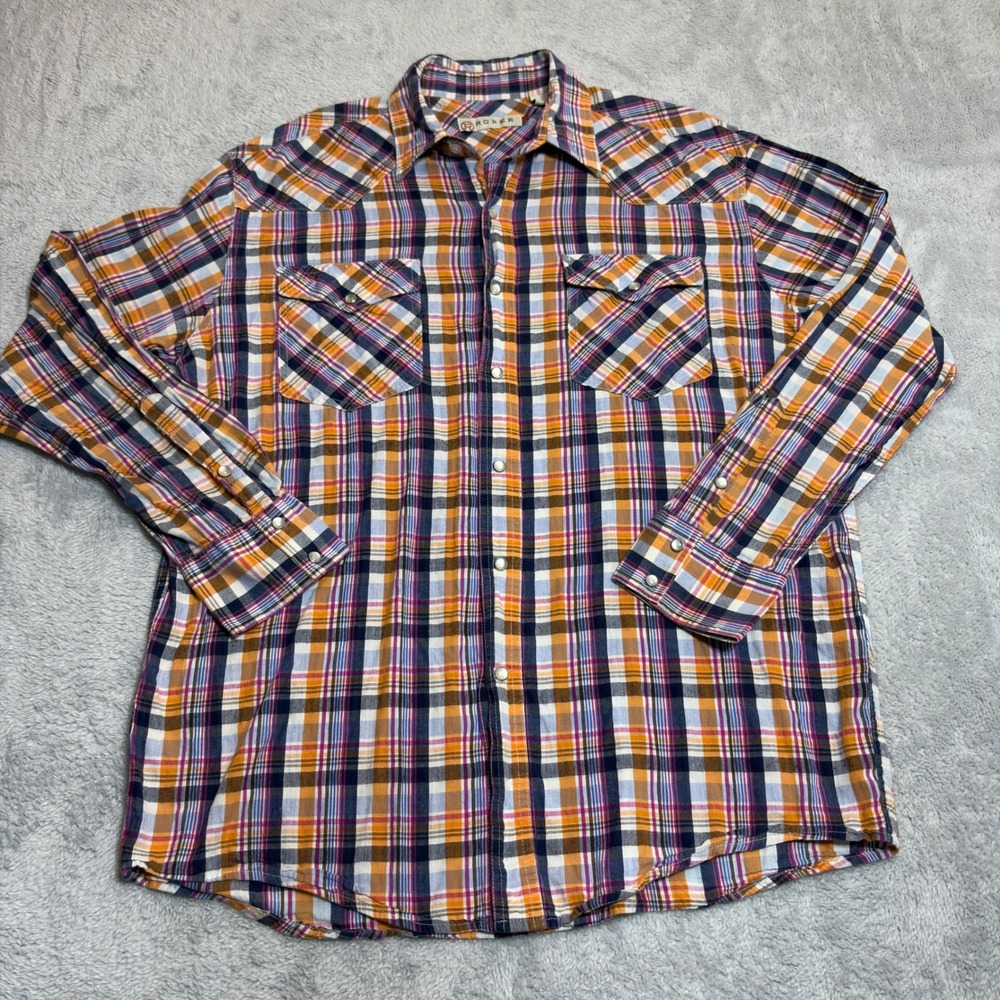 Roper Western Shirt Mens Large Orange Purple Plaid Pearl Snap Long Sleeve Casual